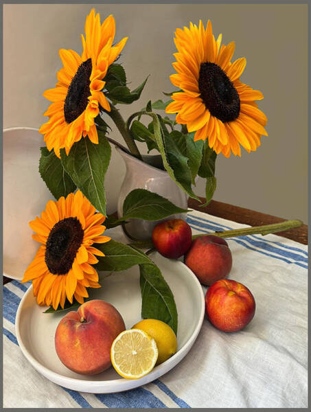 Sunflowers and Peaches Still Life
